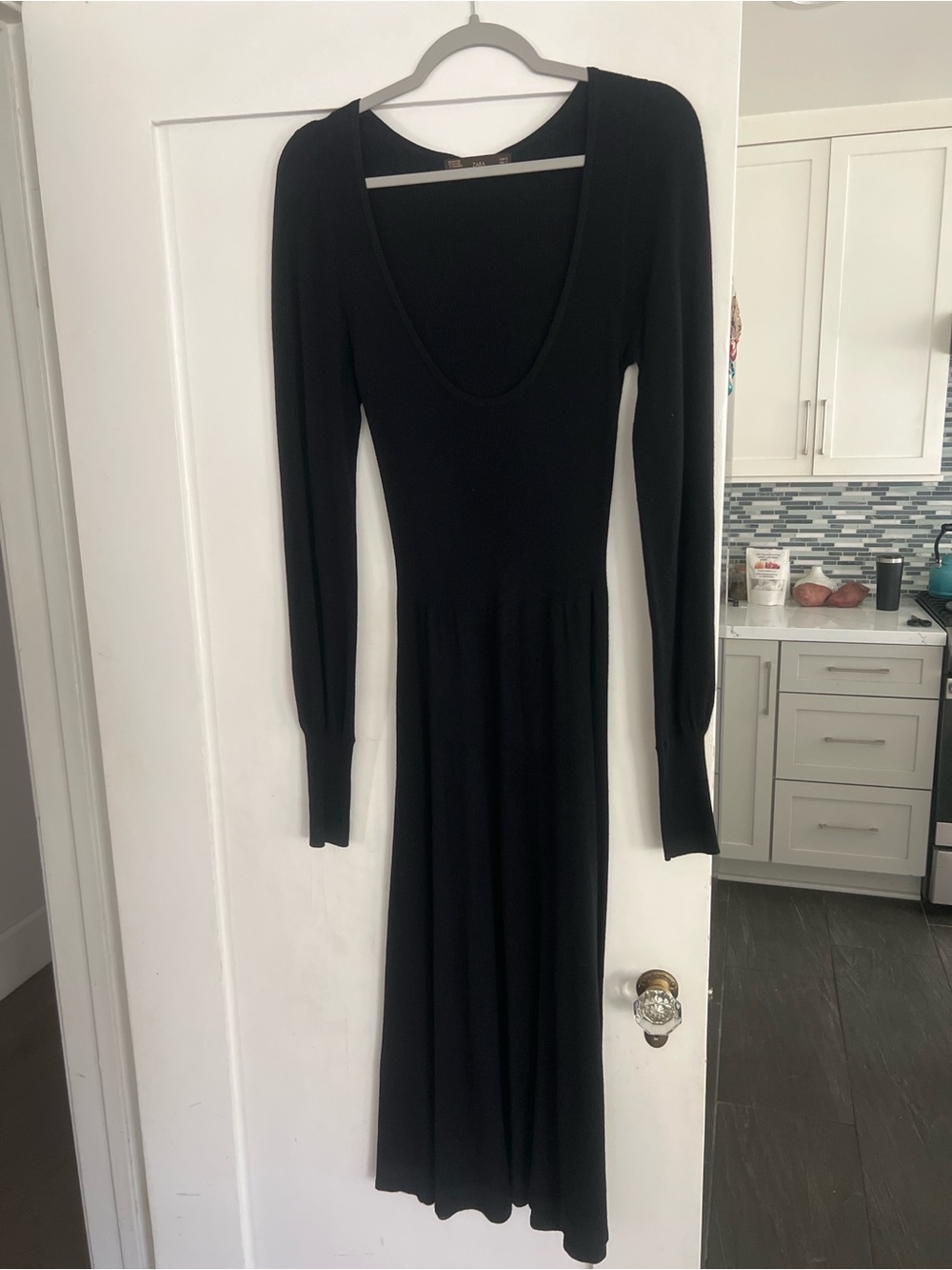 Zara Black Long Sleeve Scoop Neck Midi Dress